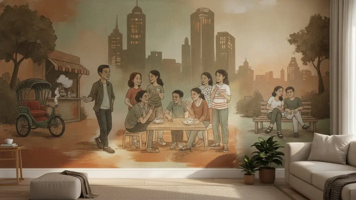 Mural bernuansa warna hangat menghadirkan suasana nyaman, menenangkan, elegan, dan tetap menarik dipandang sepanjang waktu. (BTV/AI)
