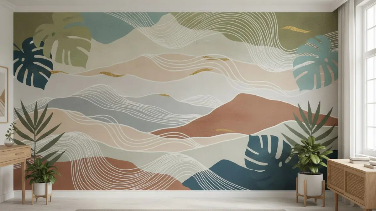 Mural motif alam modern dengan bentuk organik sederhana menghadirkan suasana tenang, elegan, dan mudah dipadukan interior rumah.(BTV/AI)

