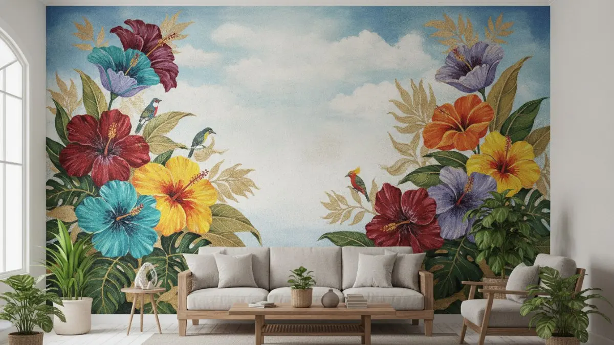 mural penuh satu dinding menghadirkan fokus visual kuat, menciptakan kesan ruang lebih luas dan artistik modern. (BTV/AI)
