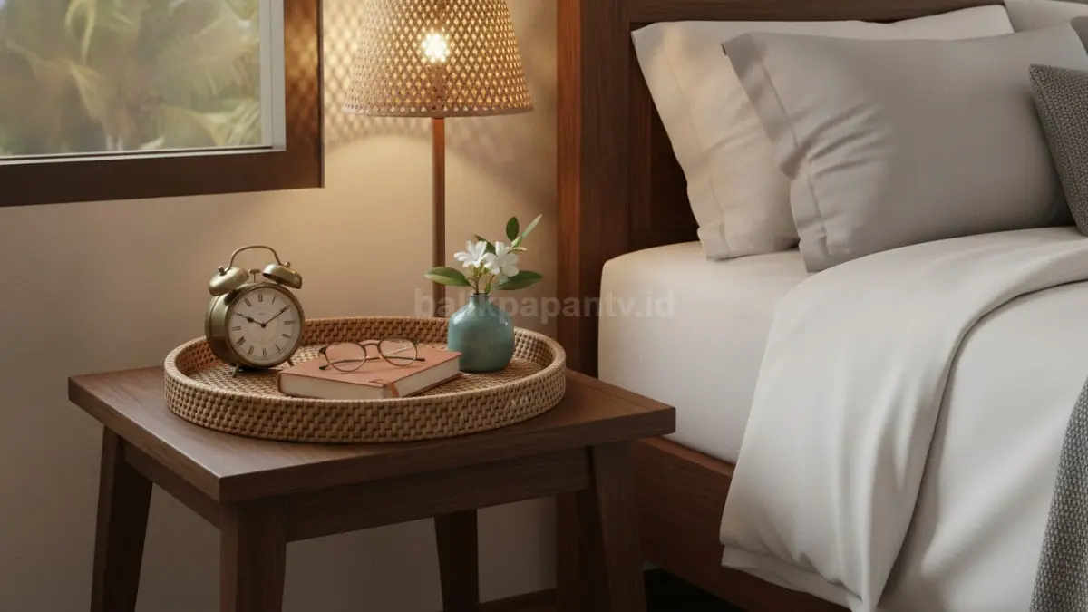 Nampan kecil menjaga barang harian tetap terorganisir, membuat bedside table tampak rapi selalu.  (BTV/AI)