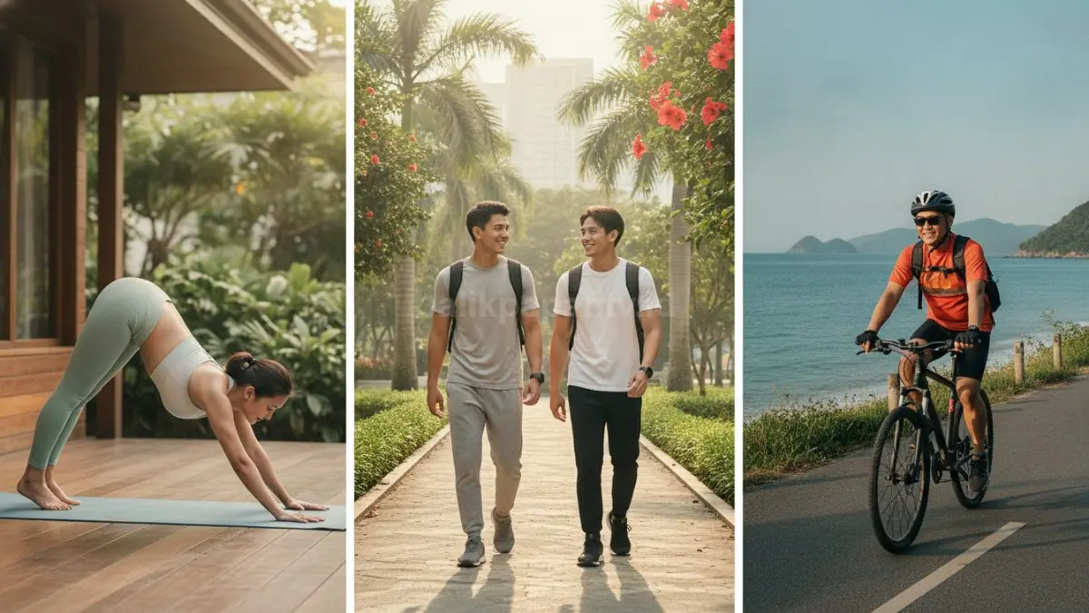 Olahraga ringan seperti jalan kaki, yoga, atau bersepeda membantu menjaga kebugaran dan suasana hati.  (BTV/AI)