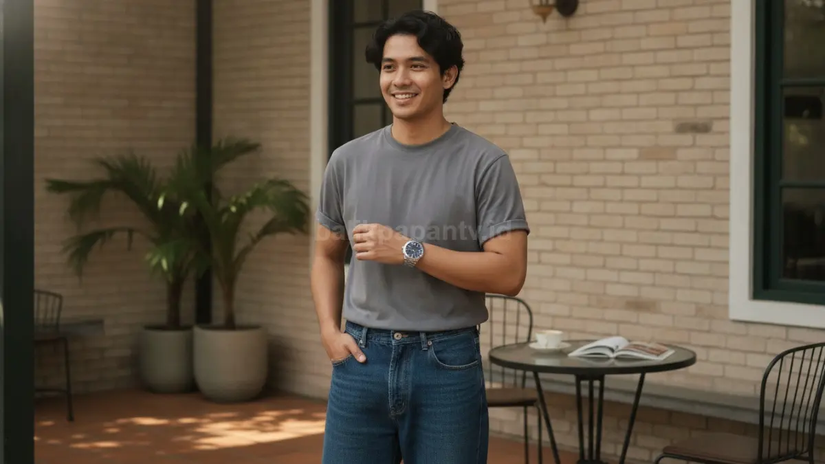 Padu padan jam tangan silver dengan kaus dan jeans untuk tampilan santai.