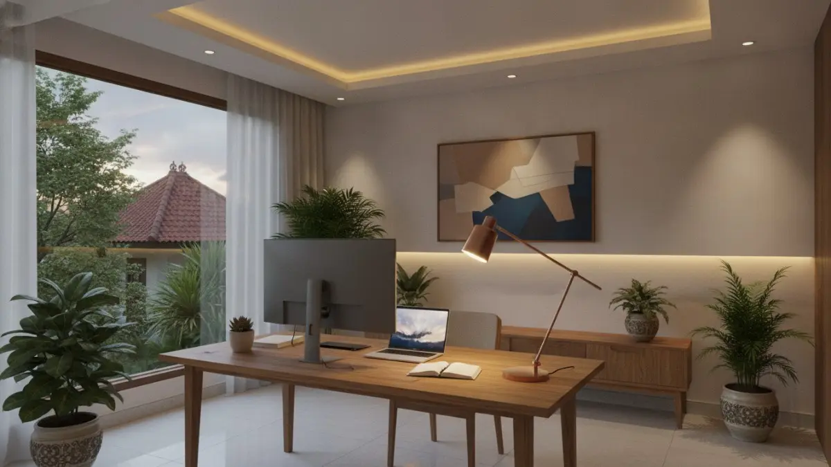 Pencahayaan berlapis berbasis aktivitas memadukan lampu tugas ambient aksen menekan energi meningkatkan kenyamanan visual optimal. (BTV/AI)
