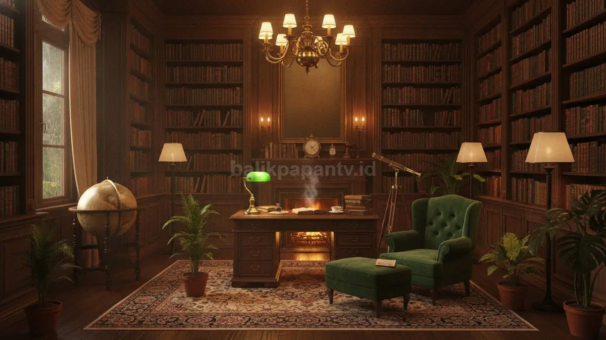 Pencahayaan hangat berlapis menghadirkan suasana perpustakaan klasik yang nyaman dan penuh karakter.  (BTV/AI)