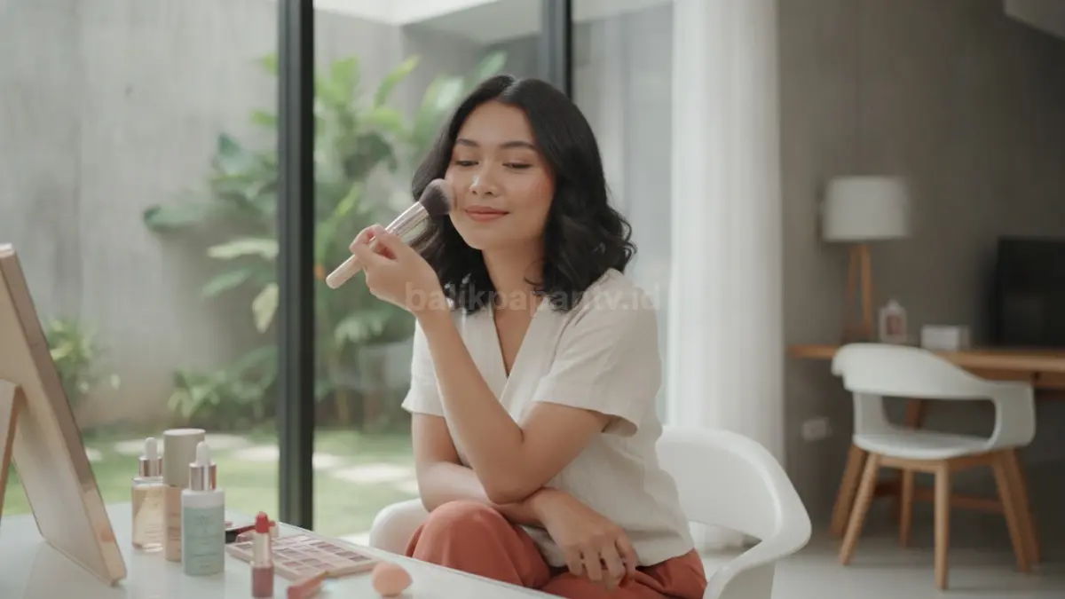 Perempuan sedang merias wajah dengan makeup natural untuk menciptakan suasana hati yang lebih nyaman.

