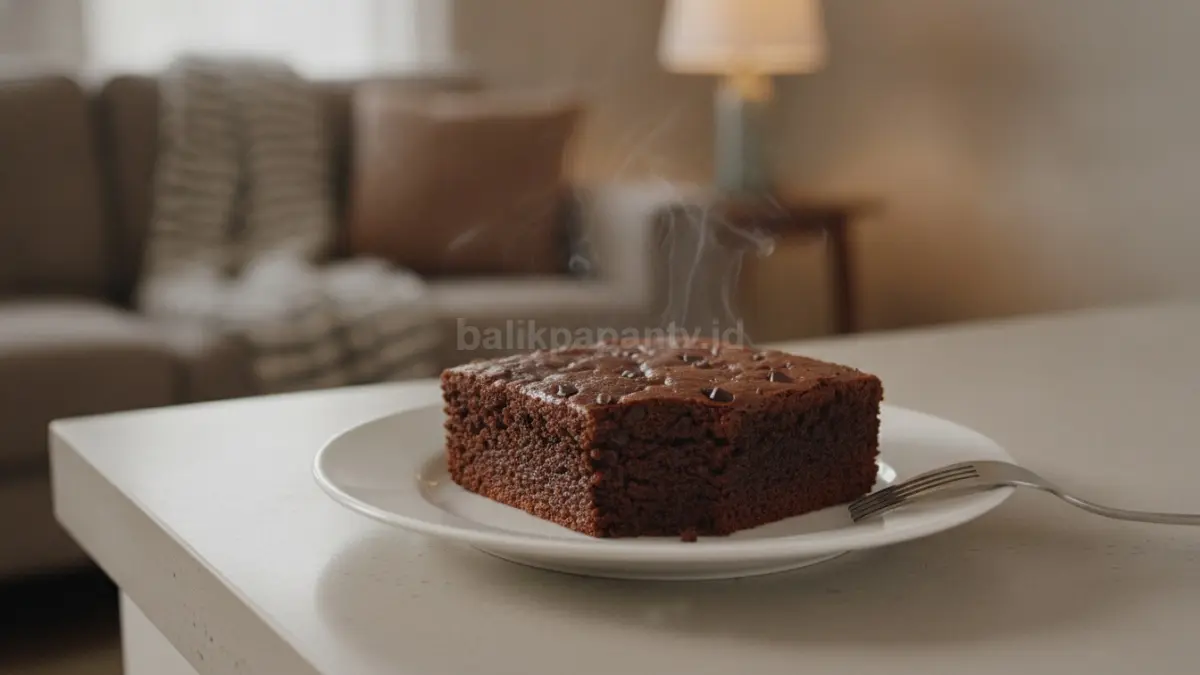 Potongan brownies kukus moist siap disajikan sebagai camilan keluarga di rumah.
