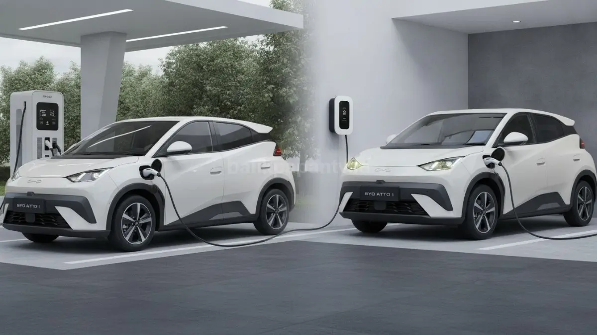 Proses pengisian daya BYD Atto 1 menggunakan fasilitas fast charging dan wall charger. (BTV/Ai)