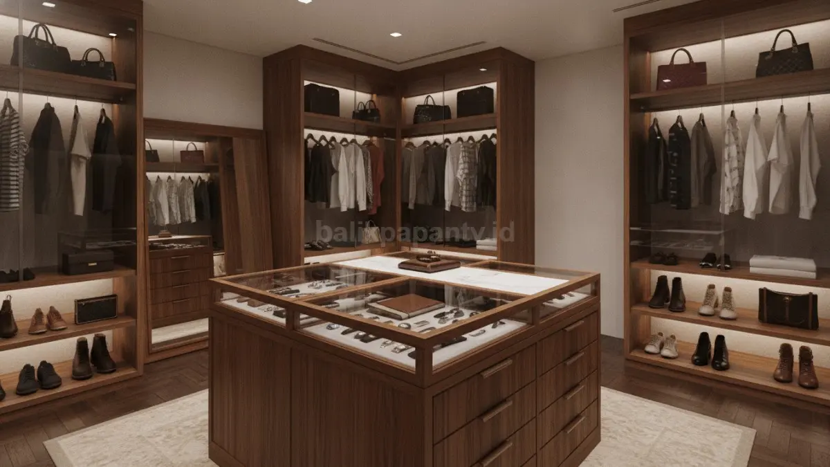 Pulau penyimpanan tengah menambah kapasitas walk-in closet untuk aksesori, dokumen, dan koleksi pribadi.  (BTV/AI)