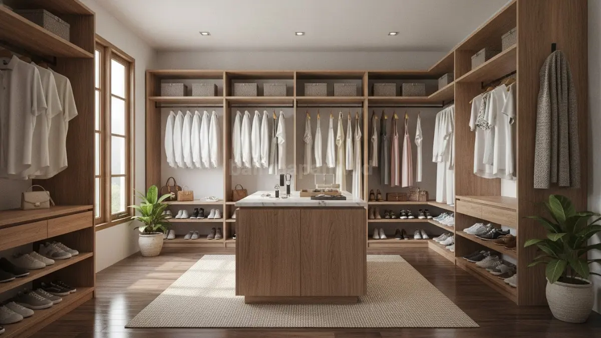 Rak terbuka membuat walk-in closet terasa lapang, praktis, dan memudahkan melihat koleksi pakaian.  (BTV/AI)