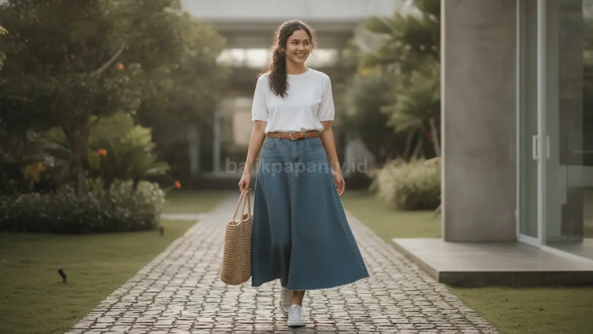 Rok jeans dipadukan dengan atasan sederhana menciptakan tampilan modern dan mudah diterapkan.
