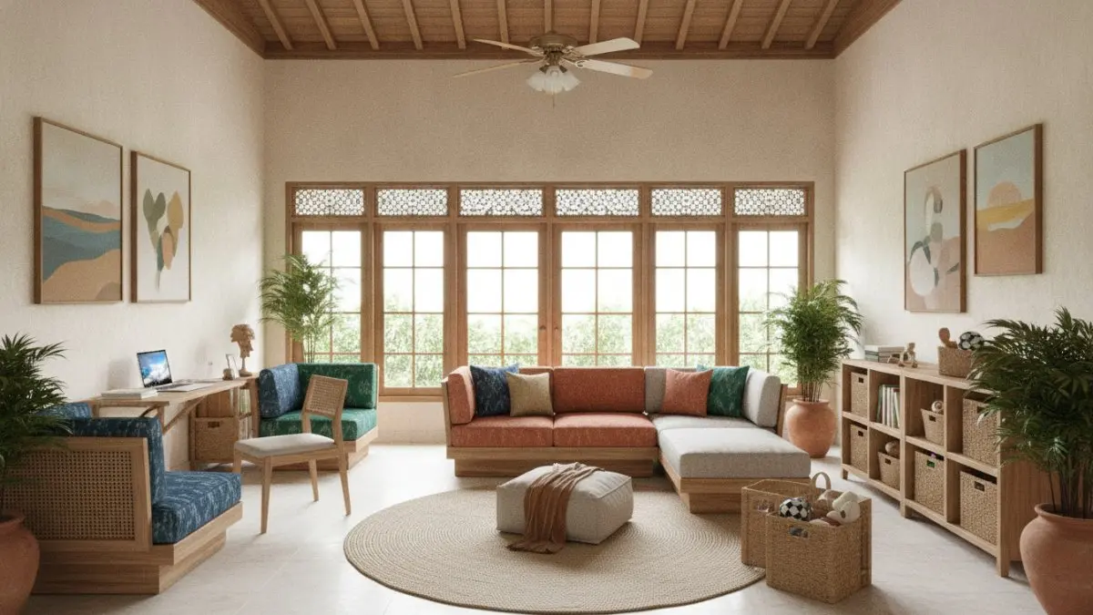 Ruang multifungsi adaptif dengan furnitur modular mendukung kerja, santai, dan aktivitas keluarga tanpa renovasi besar. (BTV/AI)

