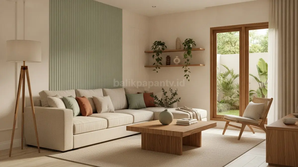 Ruang tamu modern dengan kombinasi krem, sage green, dan kayu alami yang menenangkan (BTV/Ai)