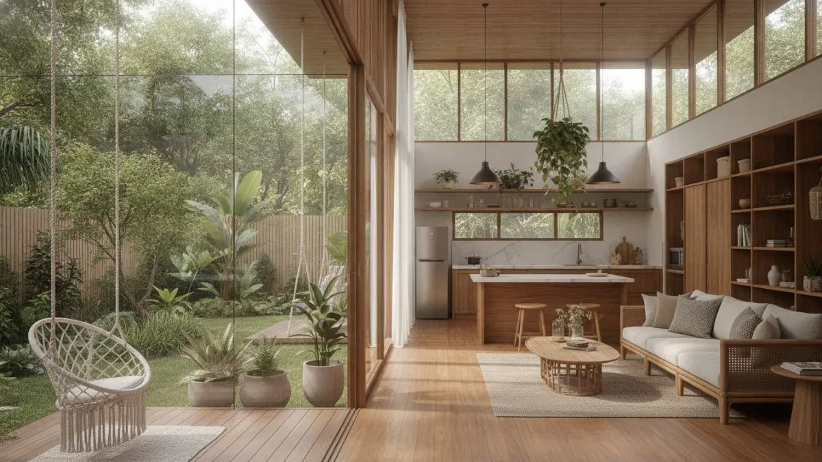 Rumah Bohemian modern memadukan ruang terbuka, cahaya alami, dan penyimpanan tersembunyi untuk kesan luas serta nyaman. (BTV/AI)
