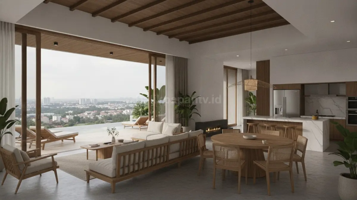 Rumah konsep open space dengan ruang keluarga, ruang makan, dan dapur yang menyatu secara harmonis.
