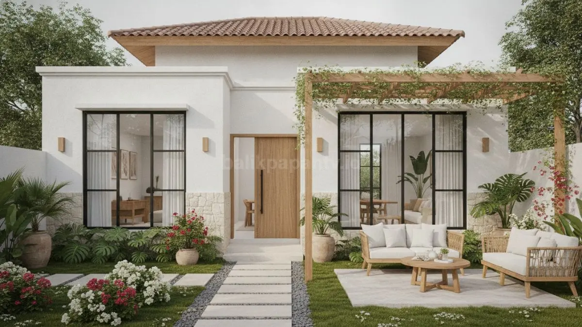 Rumah Mediterania satu lantai dengan taman terbuka luas dan pencahayaan alami yang hangat dan modern. (BTV/Ai)