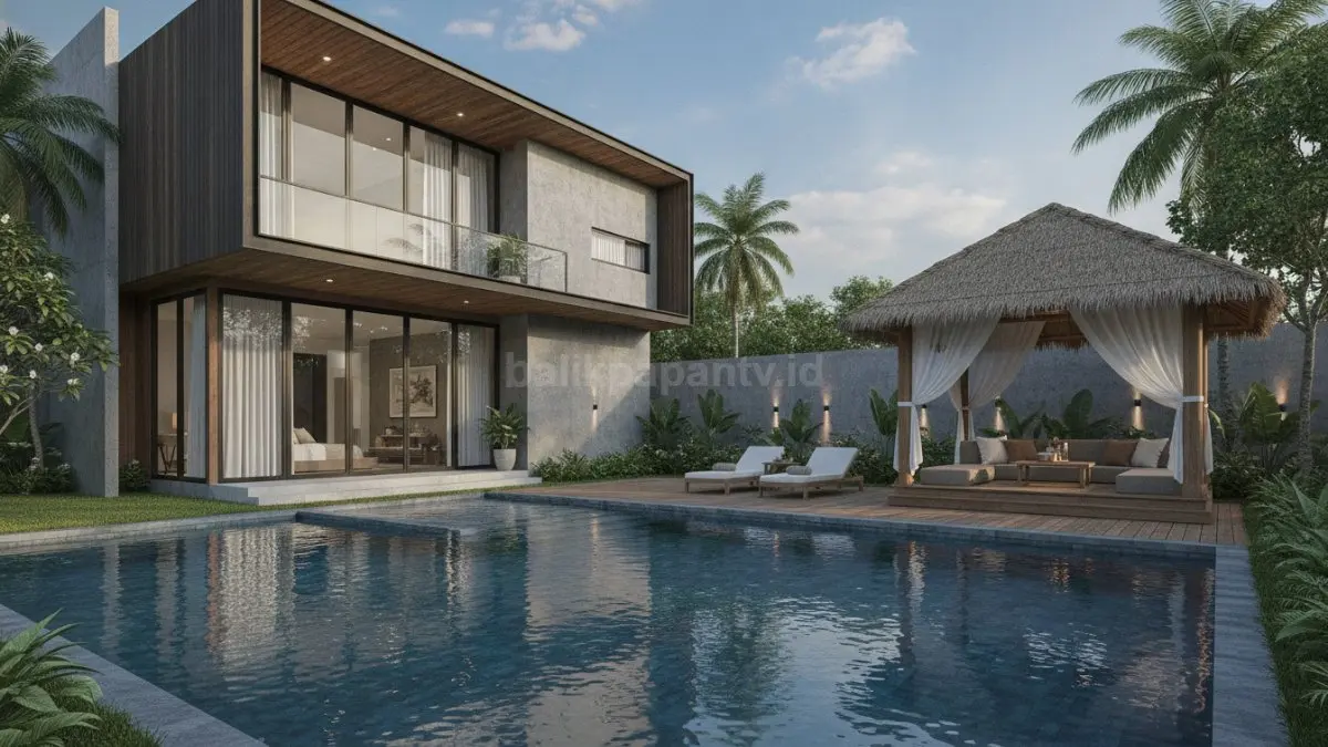 Rumah mewah dengan kolam renang dan gazebo modern di taman tropis. (BTV/Ai)