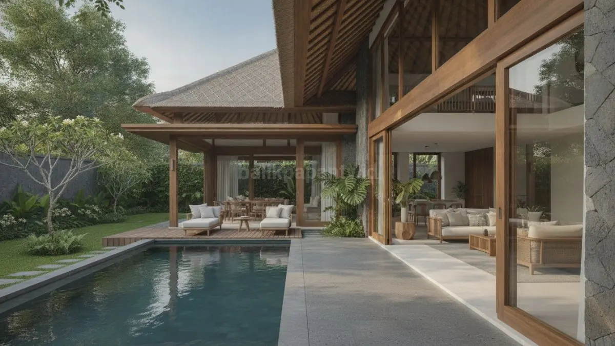 Rumah nuansa lega ala villa dengan taman tropis, material alami, dan gaya Villa Bali Modern. (BTV/Ai)