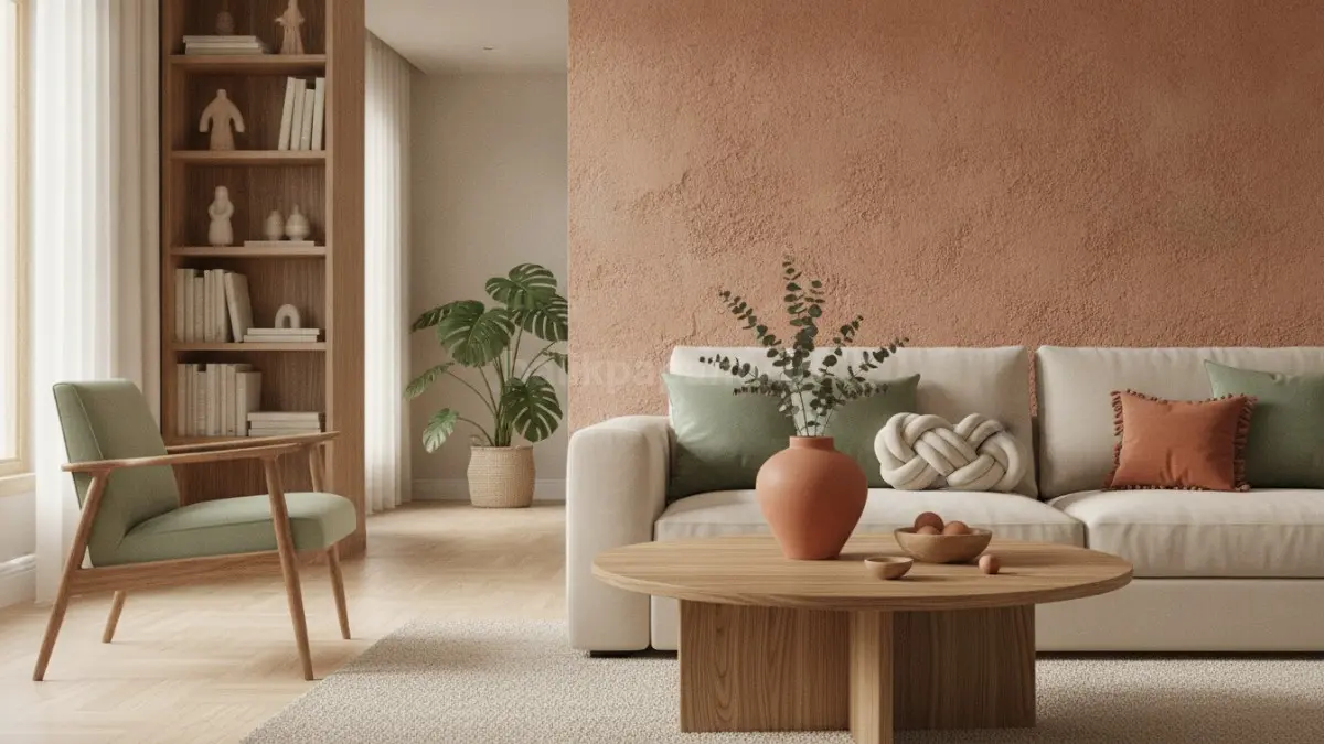 Sentuhan terracotta pada sofa dan dekorasi menghadirkan ruang tamu hangat, elegan, berkarakter alami menenangkan (BTV/Ai)