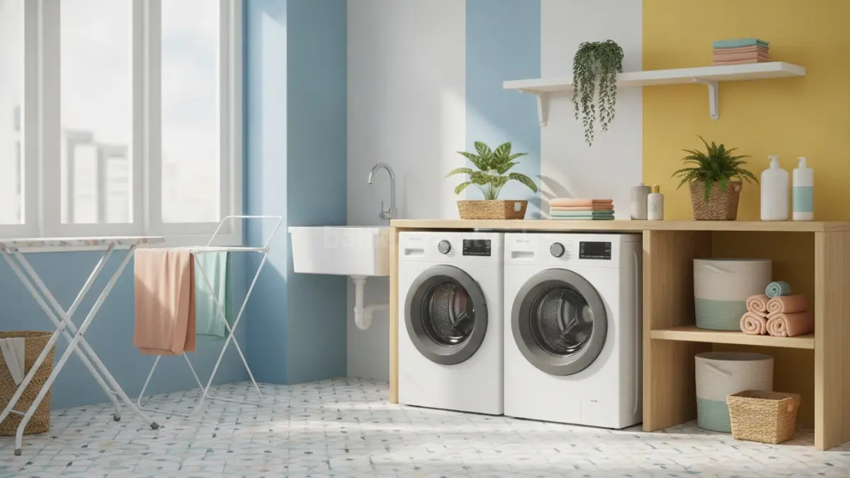 Sentuhan warna cerah membuat laundry room terasa lapang, bersih, segar, dan nyaman digunakan setiap hari.  (BTV/AI)