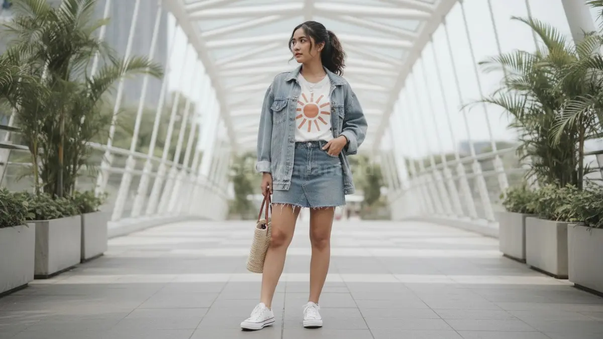 Sneakers dan rok jeans menjadi pilihan praktis untuk aktivitas santai sehari-hari.
