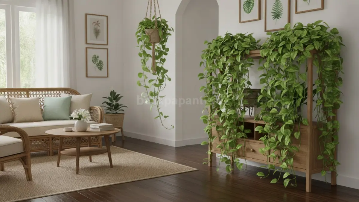 Tanaman Pothos menjuntai cantik di rak terbuka, menghadirkan nuansa segar dan estetis ruangan (BTV/Ai)
