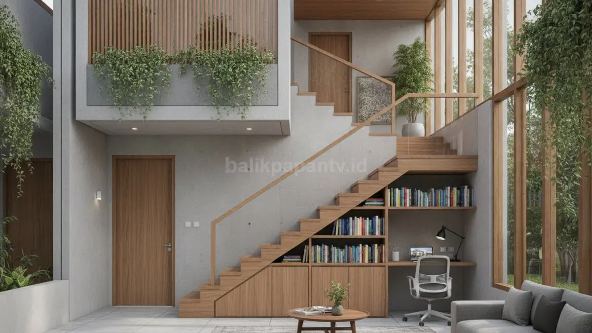 Tangga multifungsi dengan rak penyimpanan membantu memaksimalkan ruang rumah sempit secara efisien modern (BTV/Ai)
