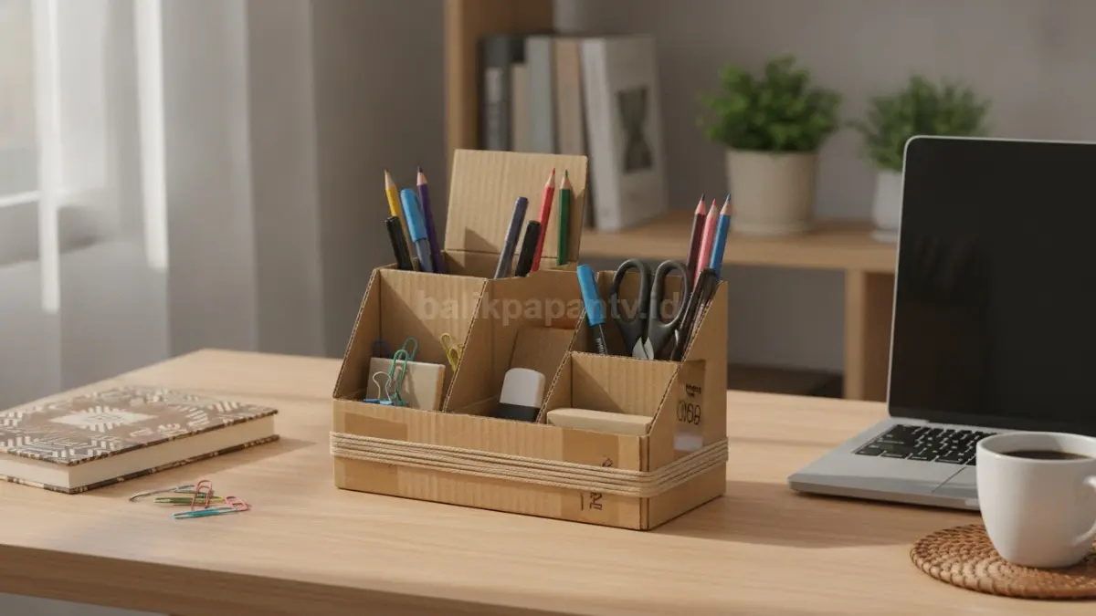 Tempat alat tulis dari kardus bekas membantu meja kerja terlihat rapi dan terorganisasi (BTV/Ai)