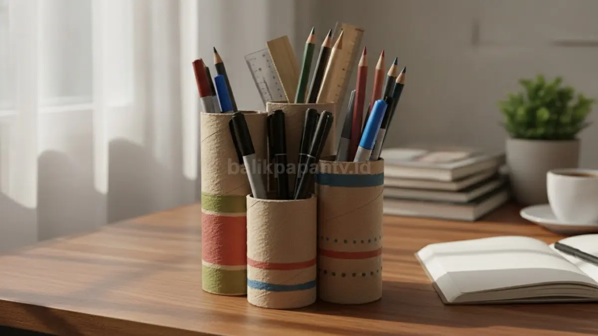 Tempat pensil dari gulungan kardus bekas membantu menyimpan alat tulis lebih rapi praktis (BTV/Ai)
