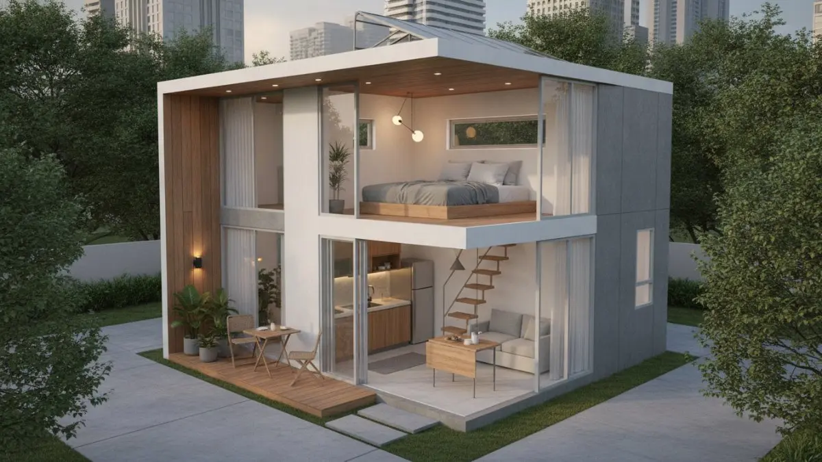 Tiny house urban modern memadukan ruang multifungsi, loteng praktis, dan desain minimalis untuk hunian efisien nyaman. (BTV/AI)
