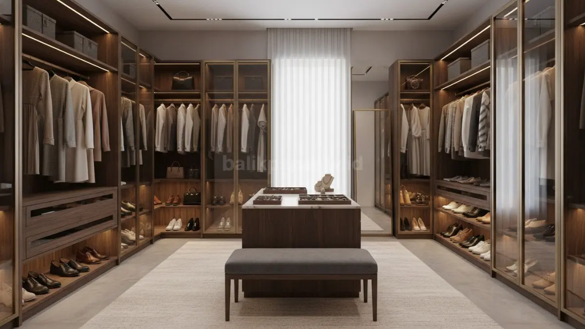Walk-in closet modern dengan rak modular dan pencahayaan hangat untuk penyimpanan lebih teratur.  (BTV/AI)