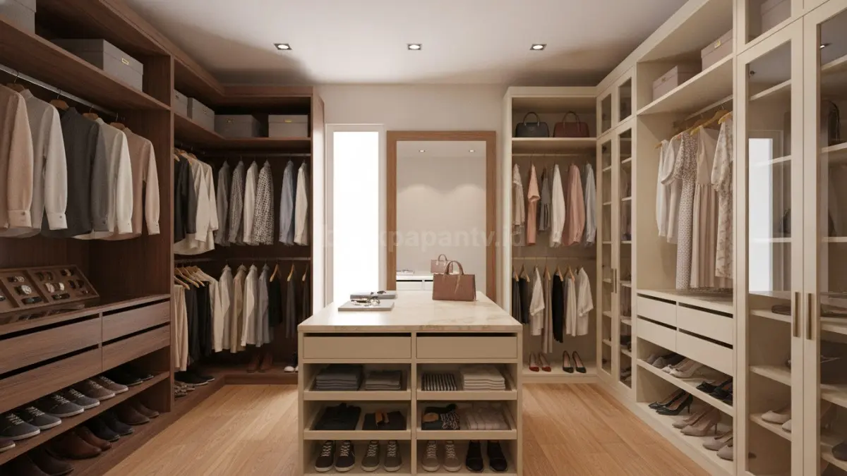 Walk-in closet multifungsi pasangan membagi area pria wanita menjaga keteraturan ruang penyimpanan optimal terorganisir efisien  (BTV/AI)