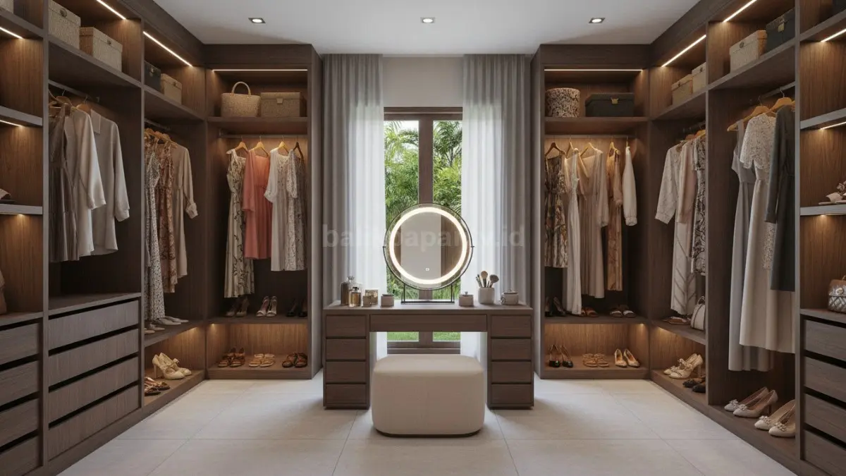 Walk-in closet terintegrasi area rias menciptakan persiapan harian praktis, nyaman, efisien, dan terorganisir sempurna.  (BTV/AI)