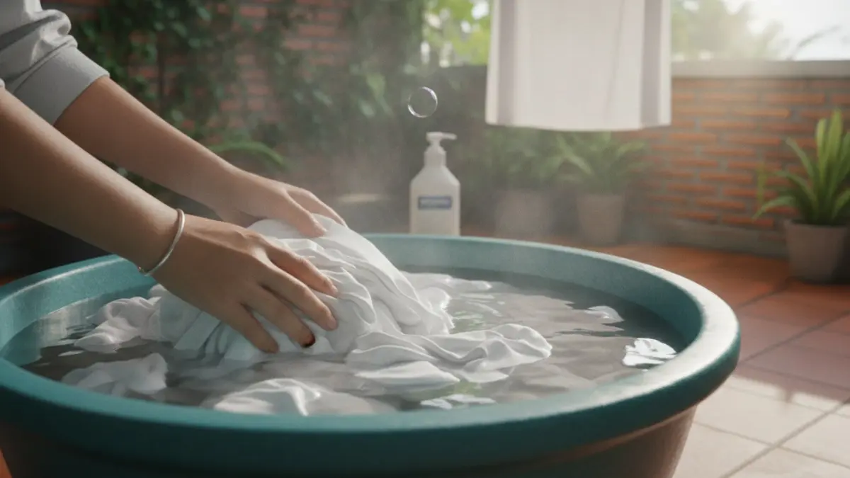 Air hangat 30–40°C membantu mengangkat minyak, residu deodoran, dan noda membandel lebih efektif saat mencuci. (BTV/AI)
