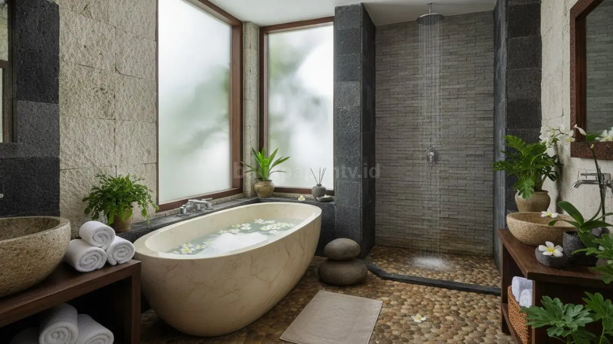 Aksen batu alam menghadirkan nuansa spa alami yang nyaman dan menenangkan di kamar mandi.  (BTV/AI)