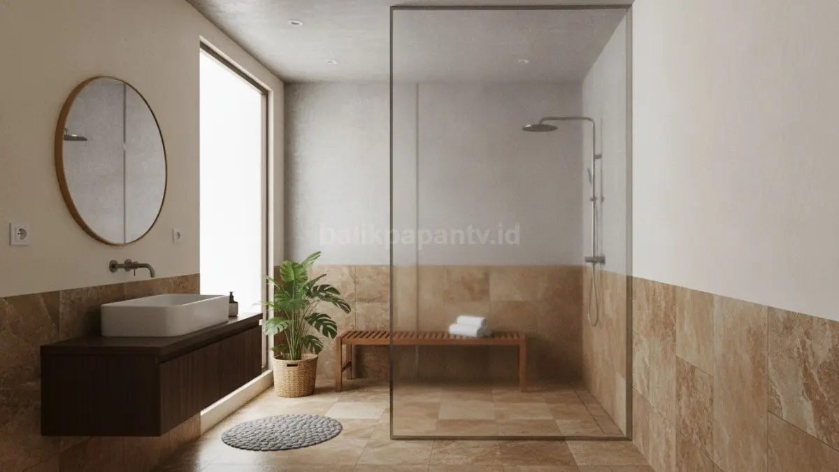 Area shower minimalis pada kamar mandi 2x2 dengan sekat kaca transparan yang memberi kesan luas.
