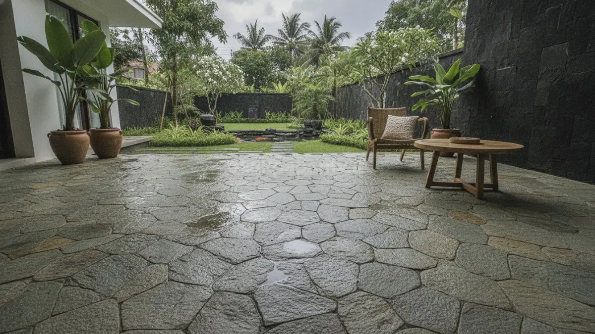 Batu alam pada teras menghadirkan kesan alami, kuat, dan aman saat cuaca hujan.  (BTV/AI)