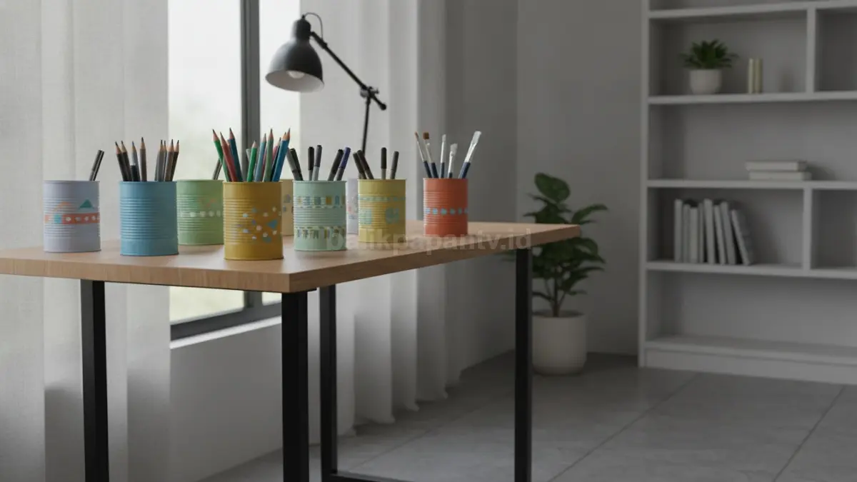 Beberapa model tempat pensil dari kaleng bekas tersusun rapi di meja belajar modern.
