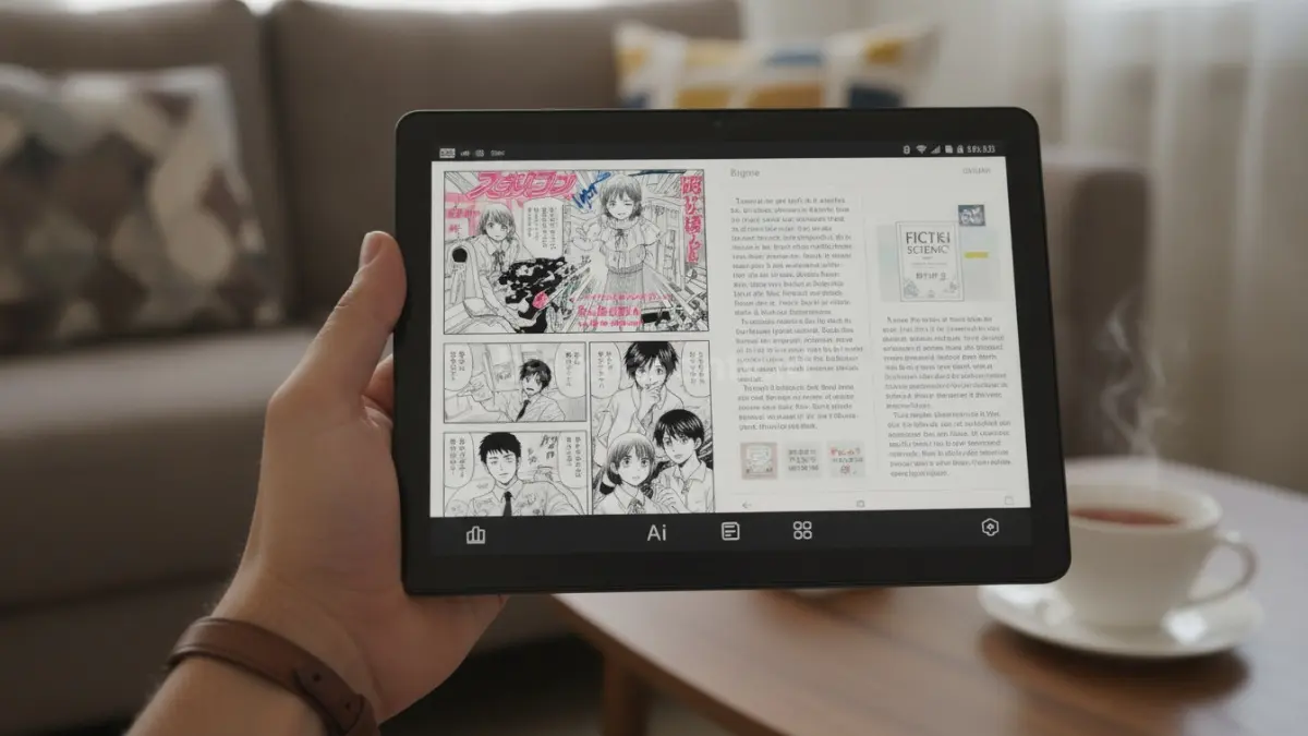 Bigme B6 Color dengan layar E-Ink berwarna saat menampilkan buku digital dan komik dalam penggunaan sehari-hari. (BTV/Ai)