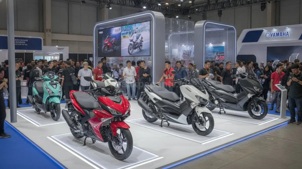 Booth Yamaha PRJ 2026 menampilkan MX King, NMAX Turbo, Fazzio, dan TMAX sebagai pusat perhatian pengunjung. (BTV/Ai)