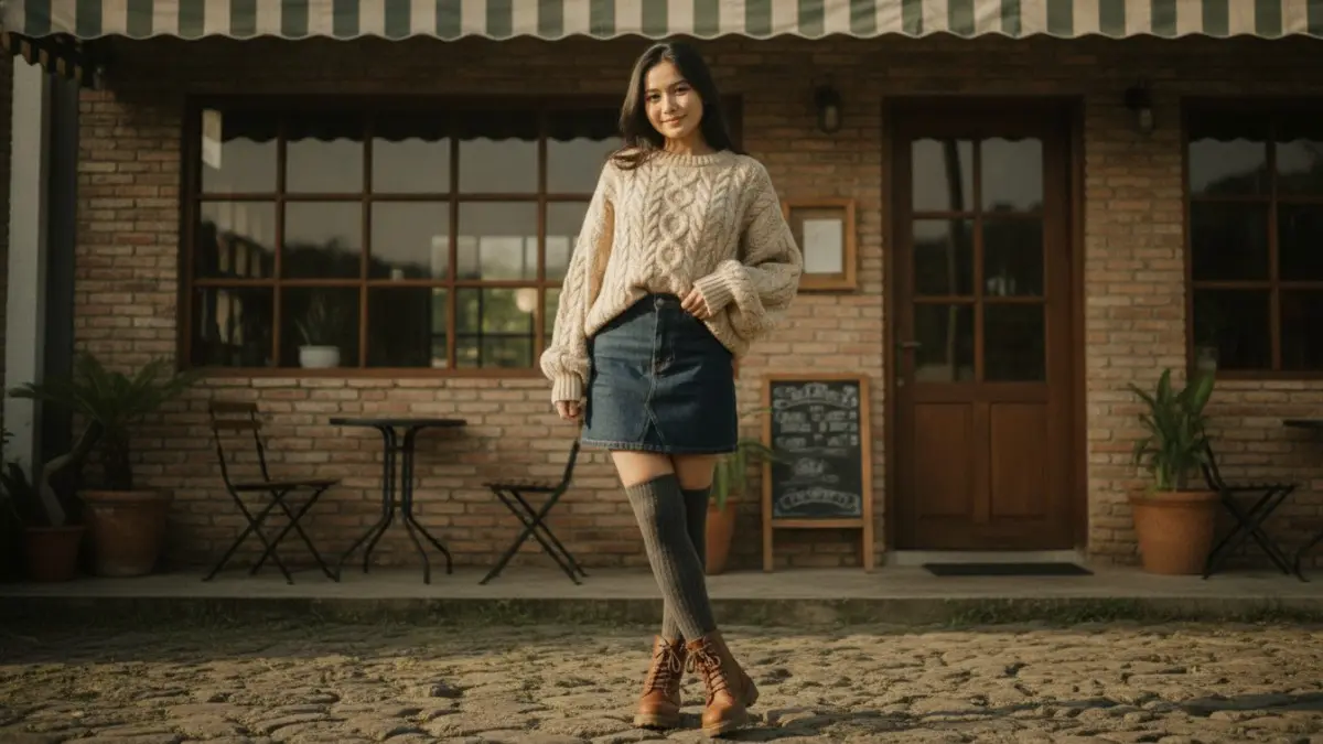 Cable knit tebal dan rok mini denim gelap menghadirkan gaya hangat, kasual, seimbang, serta nyaman beraktivitas. (BTV/AI)
