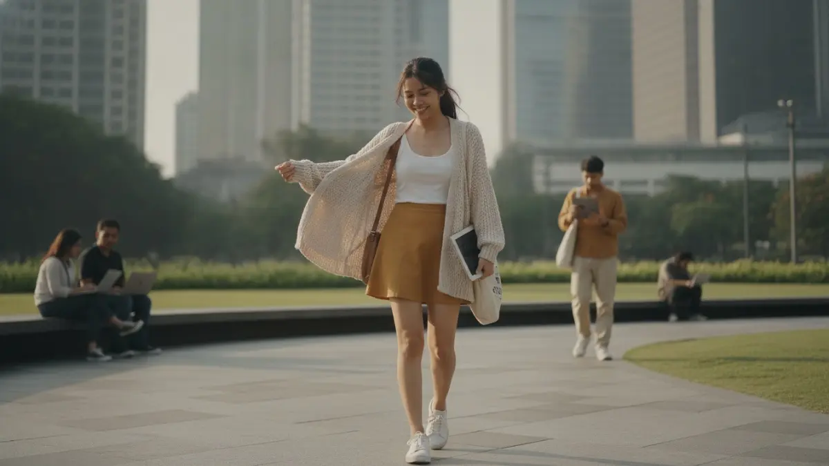 Cardigan knit dan rok mini A-line menghadirkan gaya praktis, nyaman, fleksibel, serta cocok untuk aktivitas sehari-hari. (BTV/AI)
