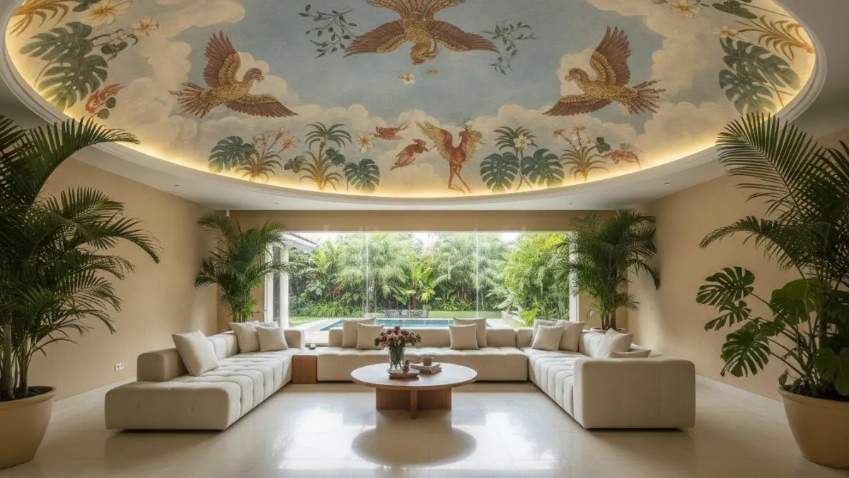 Ceiling mural artistik menghadirkan karakter baru pada ruang keluarga modern yang nyaman. (BTV/AI)