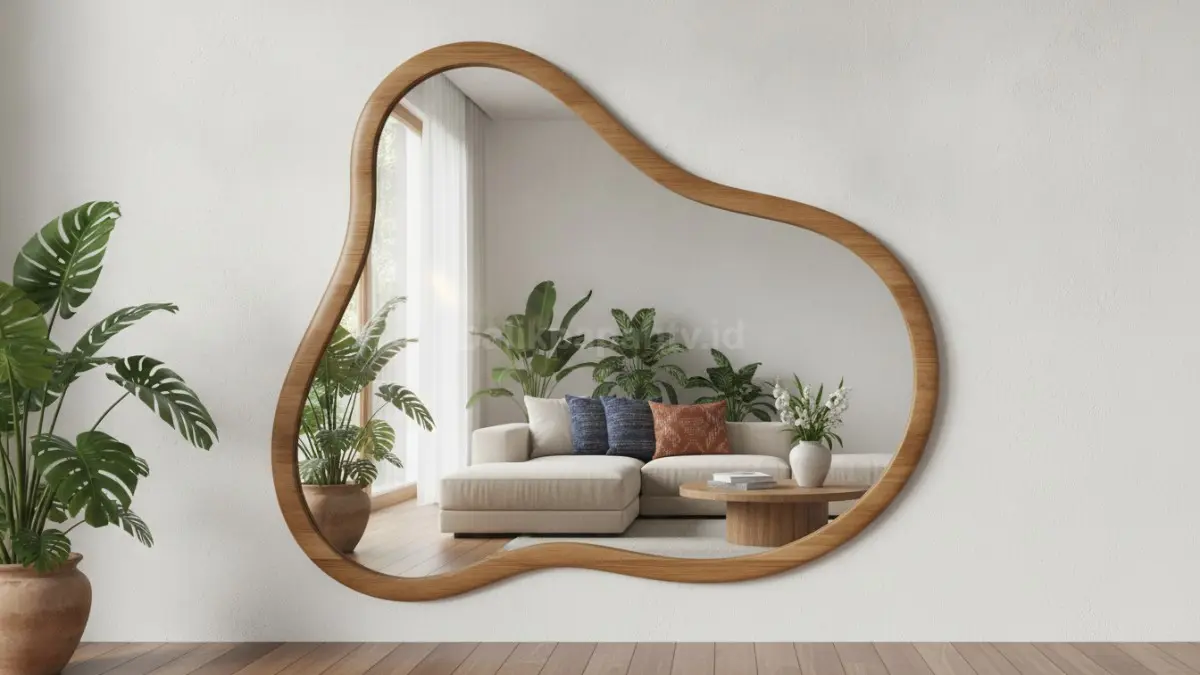 Cermin organik memperluas visual ruang, memantulkan cahaya alami, sekaligus mempercantik interior modern rumah.  (BTV/AI)