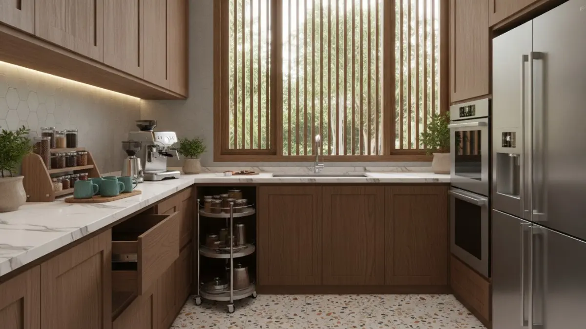Dapur modern 2026 dengan kabinet tarik, rak sudut berputar, dan area kopi terorganisir rapi. (BTV/AI)