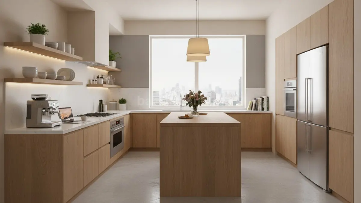 Dapur modern estetik dengan open shelf, pencahayaan LED hangat, dan warna netral elegan (BTV/Ai)
