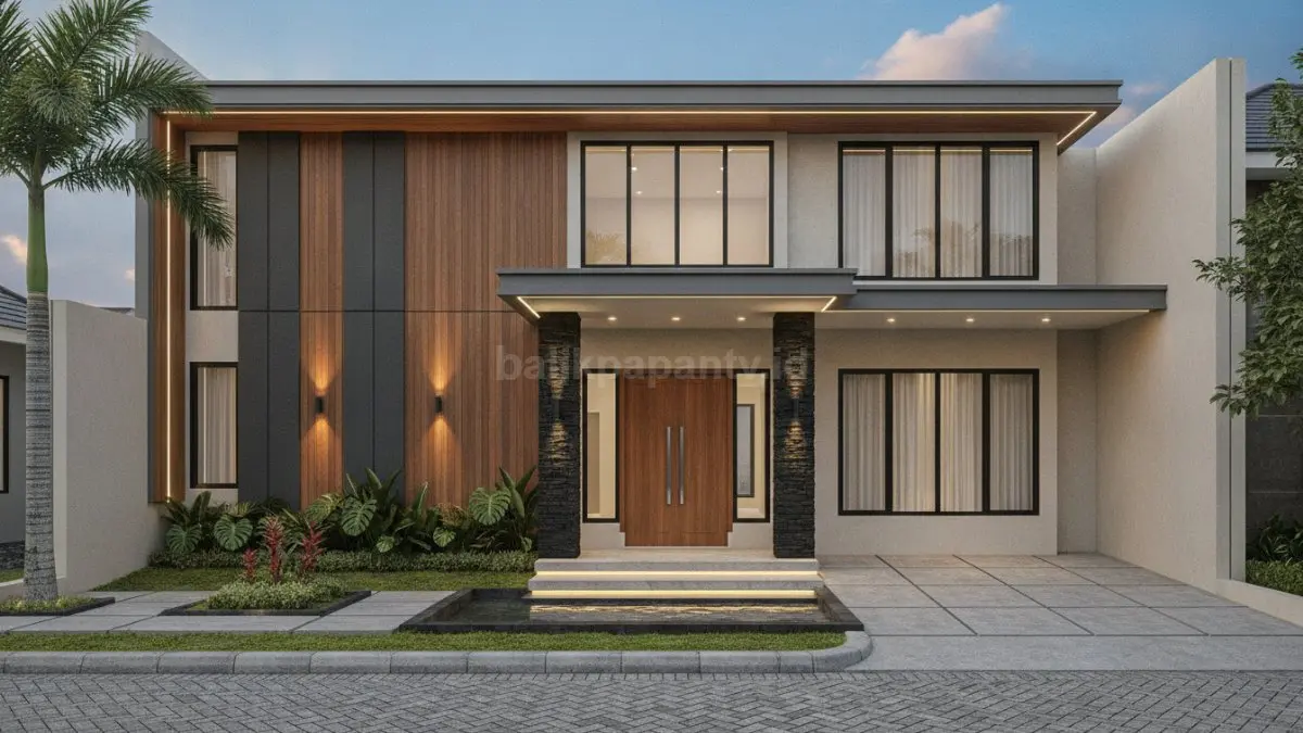Desain geometris simetris menghadirkan tampilan rumah yang tegas, modern, dan rapi dengan kesan elegan (BTV/Ai).
