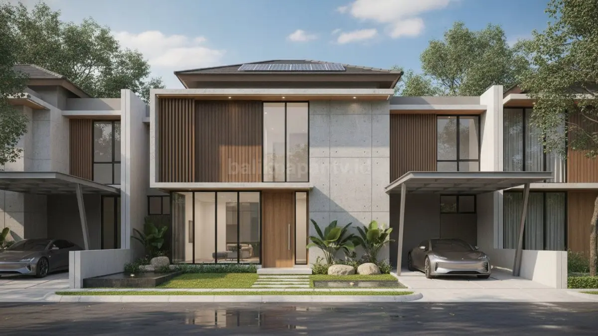 Desain rumah minimalis modern tampak depan terbaru 2026 dengan fasad monokrom dan taman hijau yang menarik perhatian. (BTV/Ai)