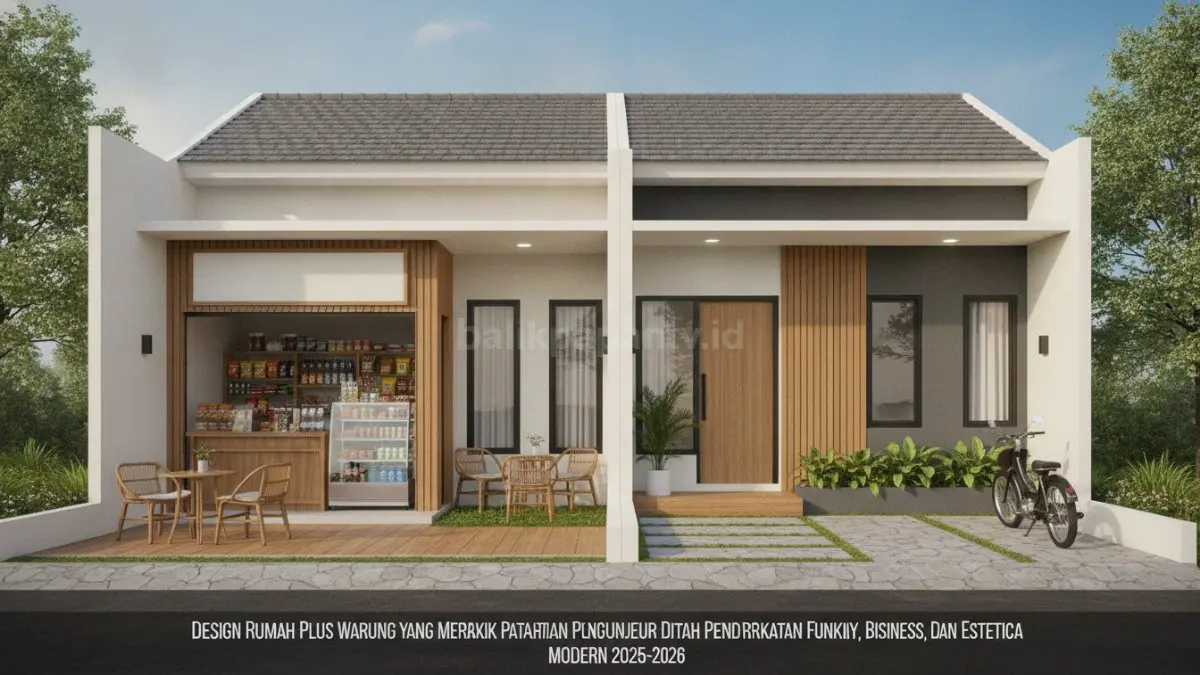Desain rumah plus warung modern dengan fasad depan menarik dan area jualan terbuka yang efisien. (BTV/Ai)