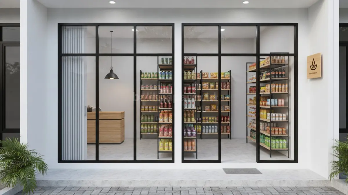Desain warung minimalis dengan rak vertikal memaksimalkan ruang sempit agar tetap rapi, efisien, dan mudah diakses (BTV/Ai).
