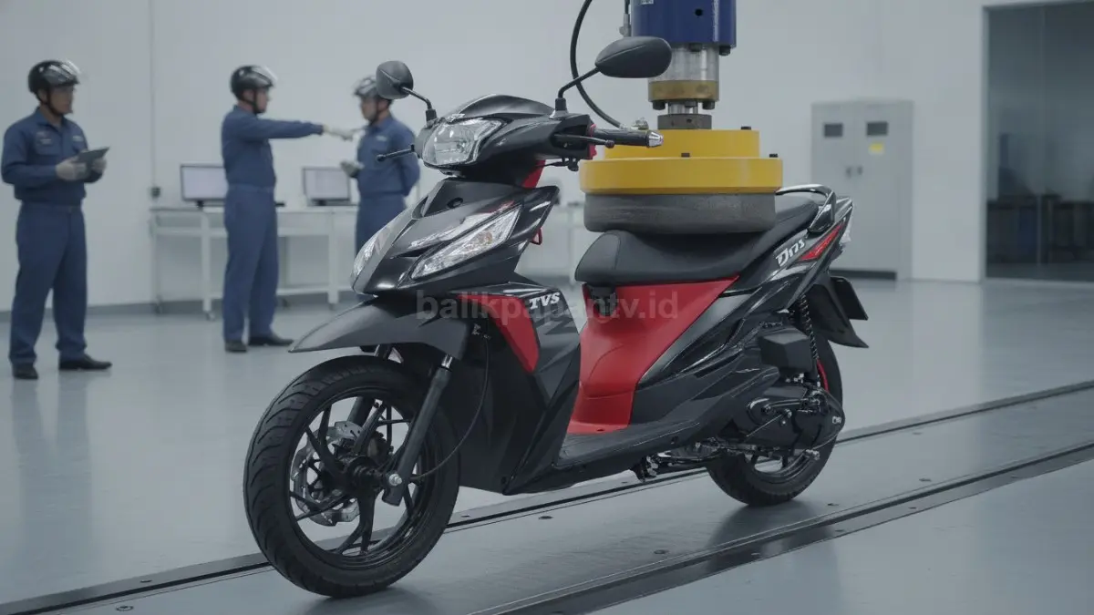 Detail bodi TVS Dazz 110 yang dikenal tebal dan tahan tekanan saat demonstrasi ketahanan material. (BTV/Ai)